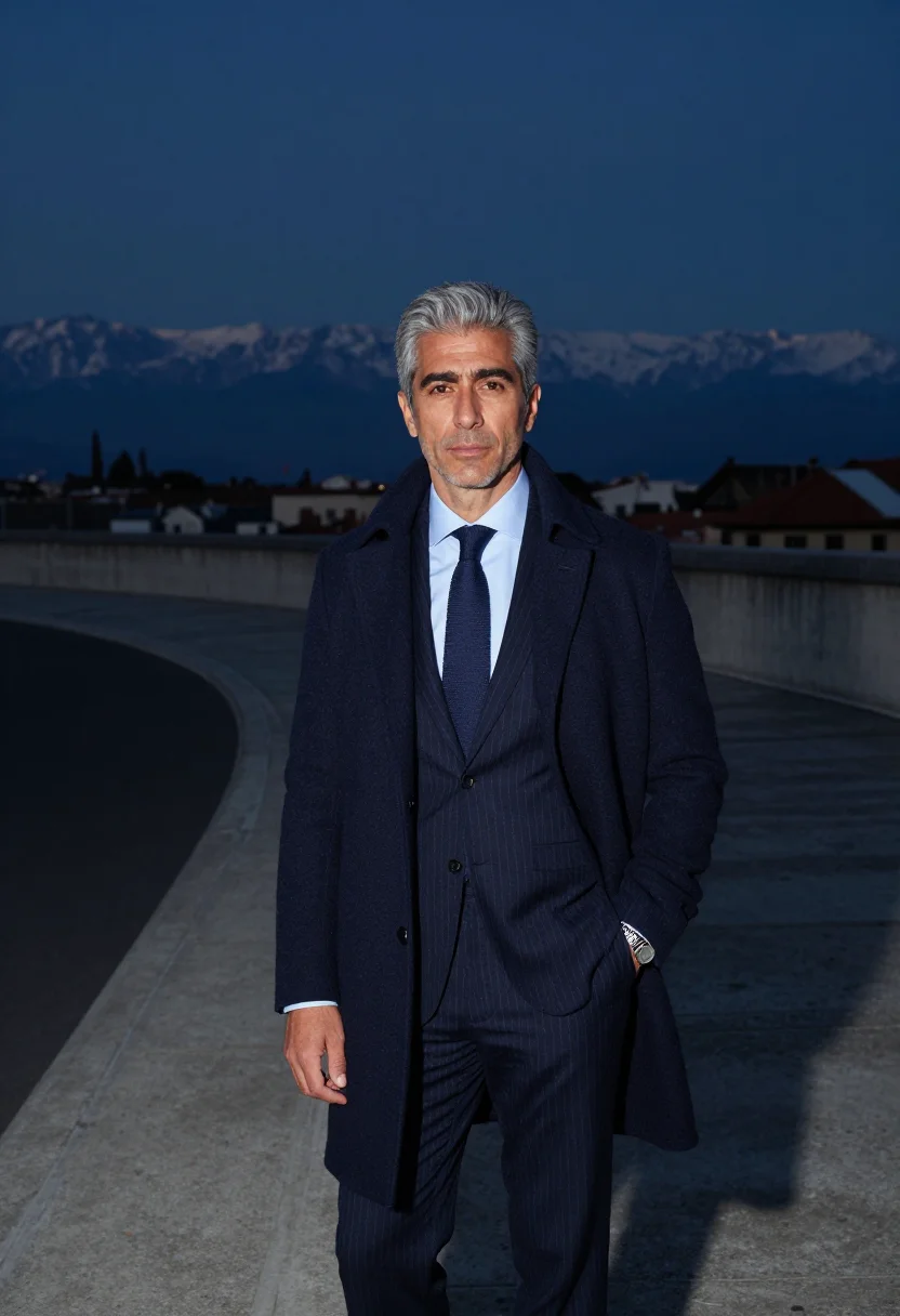 AI gianni agnelli lingotto january navy sample — portrait of a man, framed three-quarter length from the head