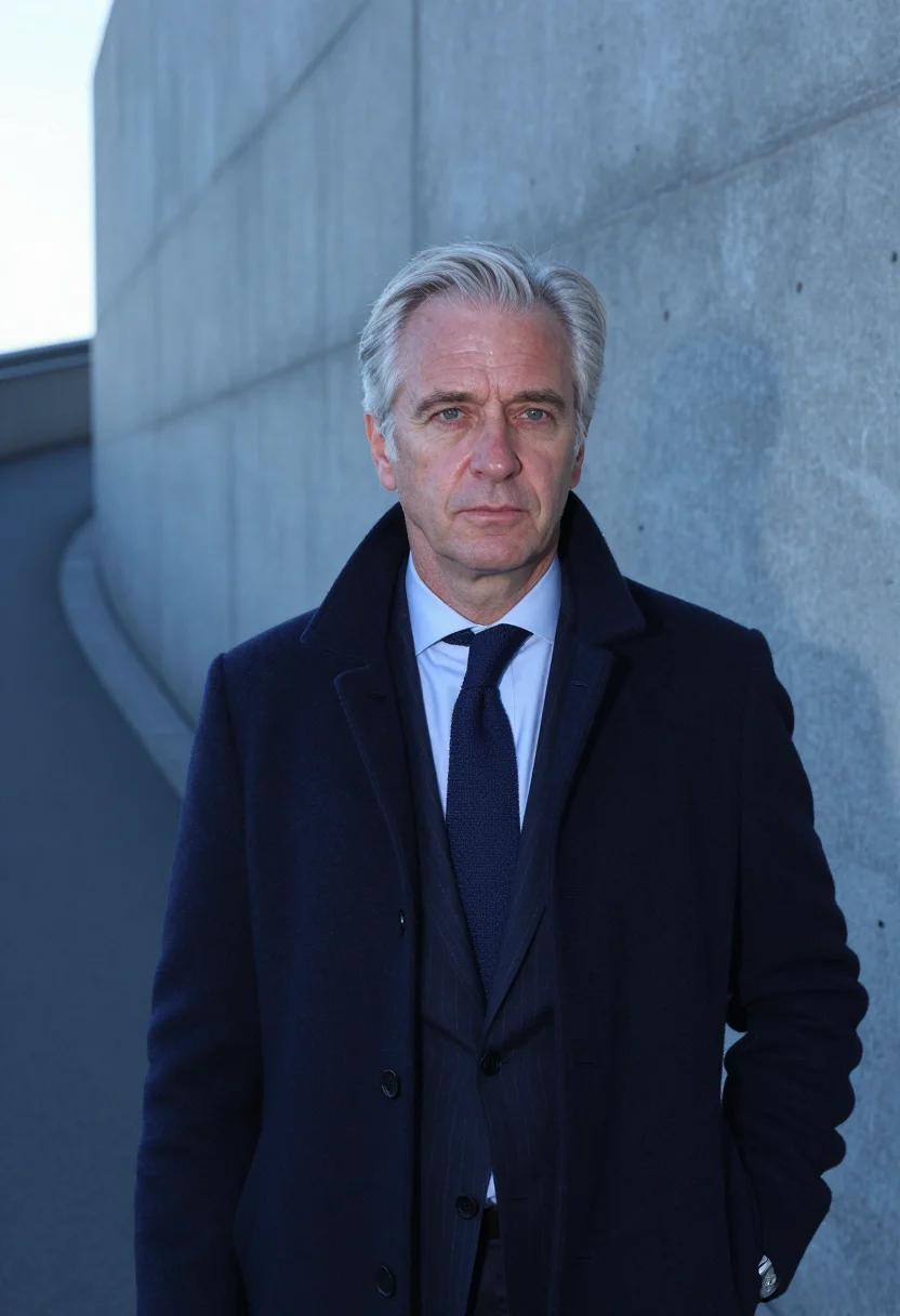 AI gianni agnelli lingotto january navy sample — portrait of a man, framed tight, head and shoulders, the bod