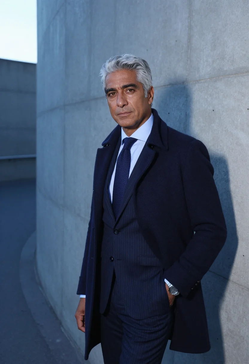 AI gianni agnelli lingotto january navy sample — portrait of a man, framed half-length from the head to the h