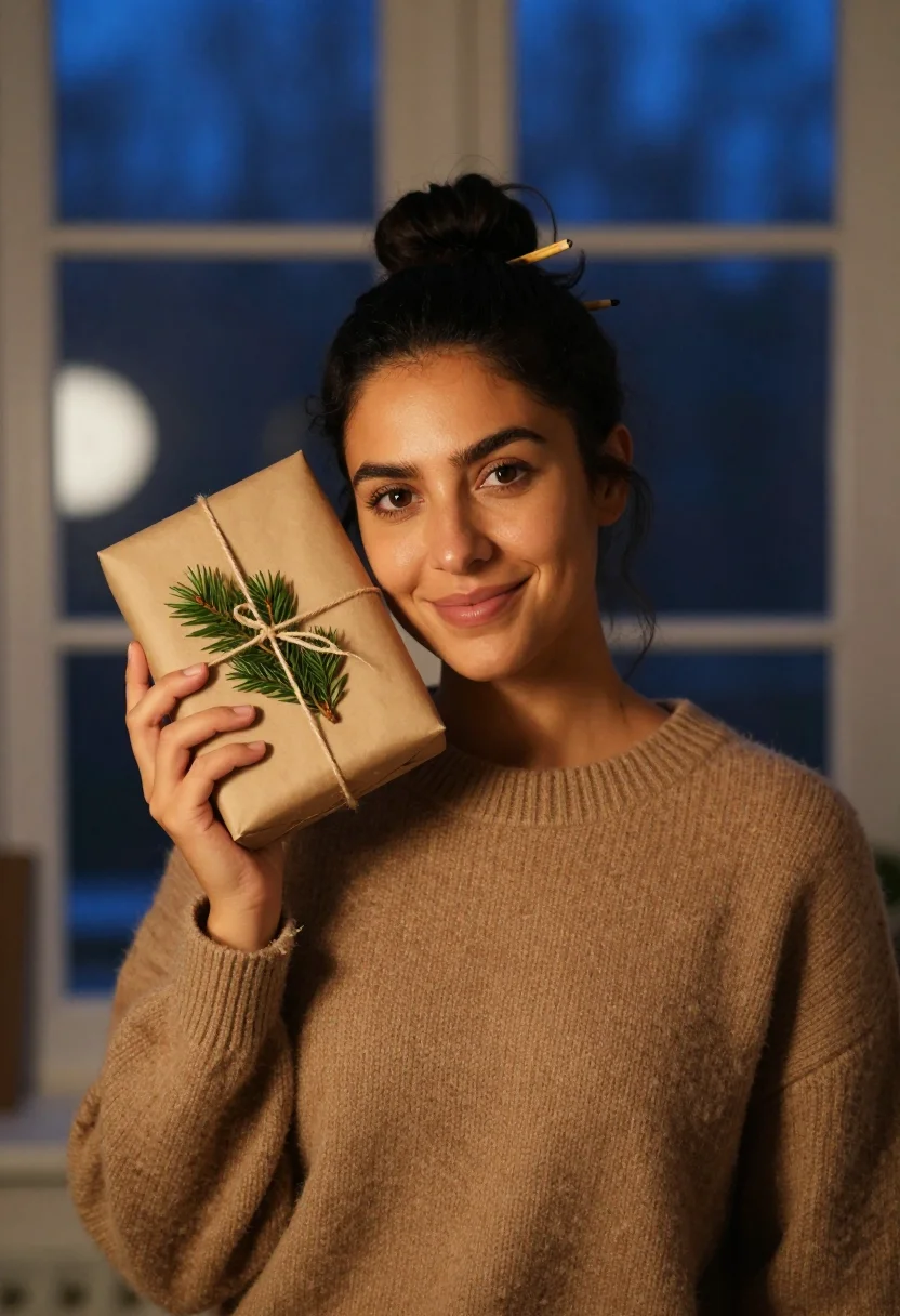AI gift wrap kraft sample — portrait of a woman, framed head and shoulders, tighter, the
