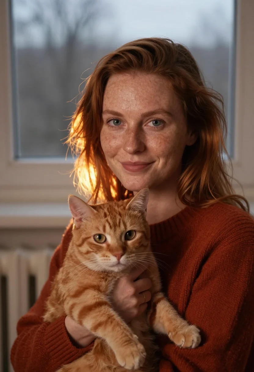 AI ginger cat rust sample — portrait of a woman, tight headshot of a Western-European wo