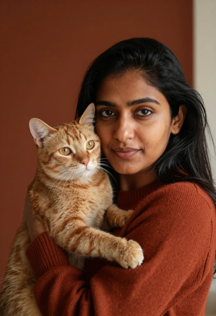 AI ginger cat rust sample — portrait of a woman, tight headshot of a South-Asian woman i