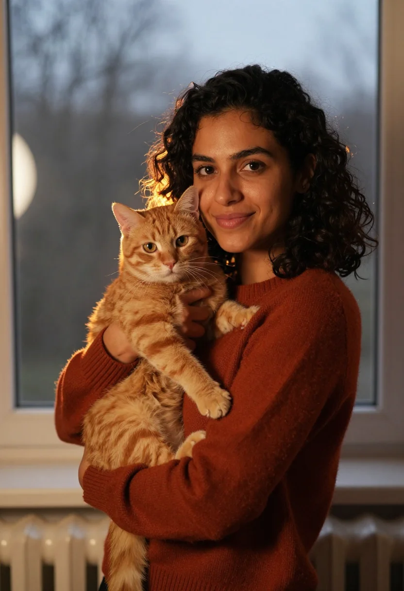 AI ginger cat rust sample — portrait of a woman, chest-up three-quarter portrait of a Me