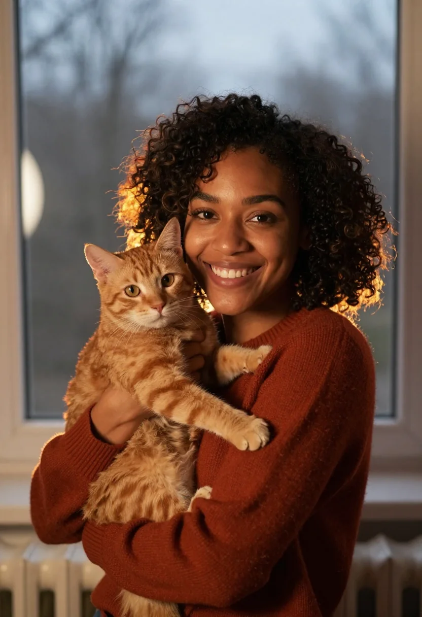 AI ginger cat rust sample — portrait of a woman, head-and-shoulders portrait of a mixed-