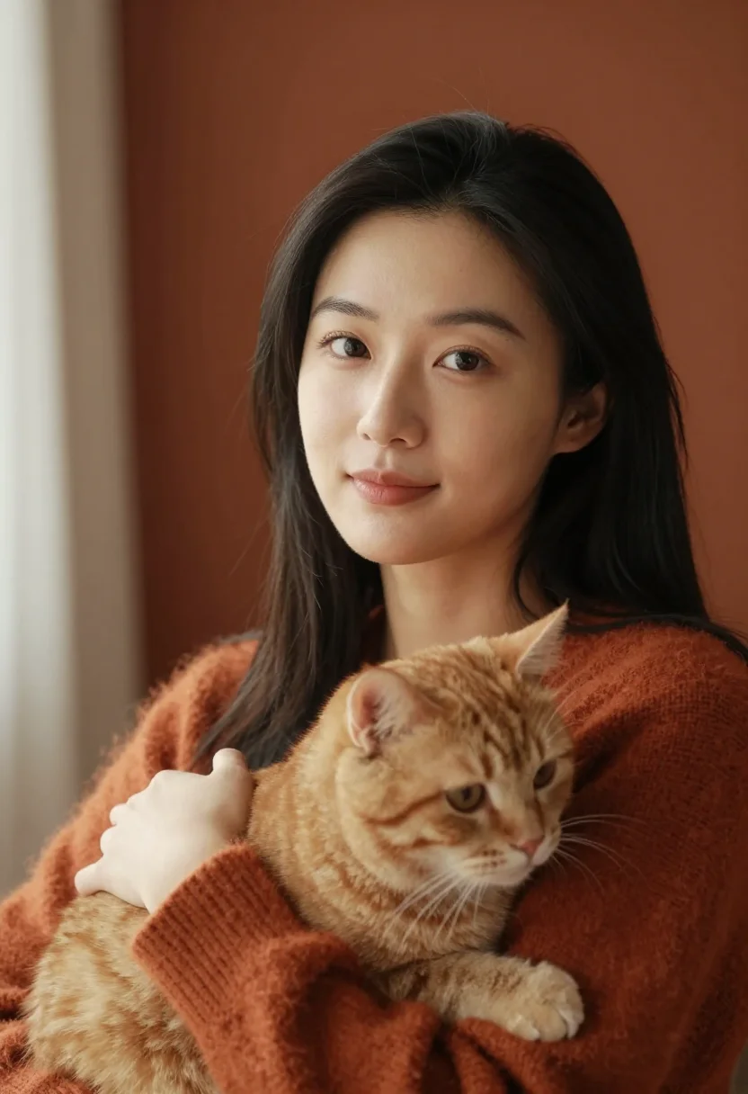 AI ginger cat rust sample — portrait of a woman, tight headshot of an East-Asian woman i