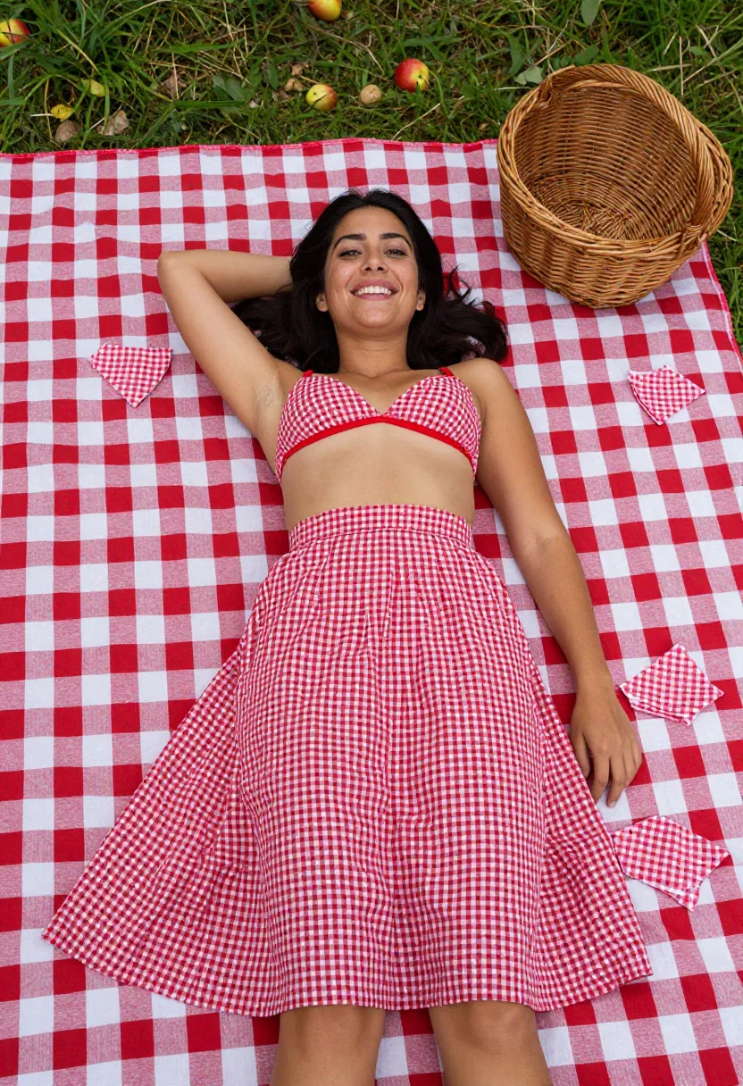 AI gingham sample — portrait of a woman, three-quarter-length portrait of a Medi