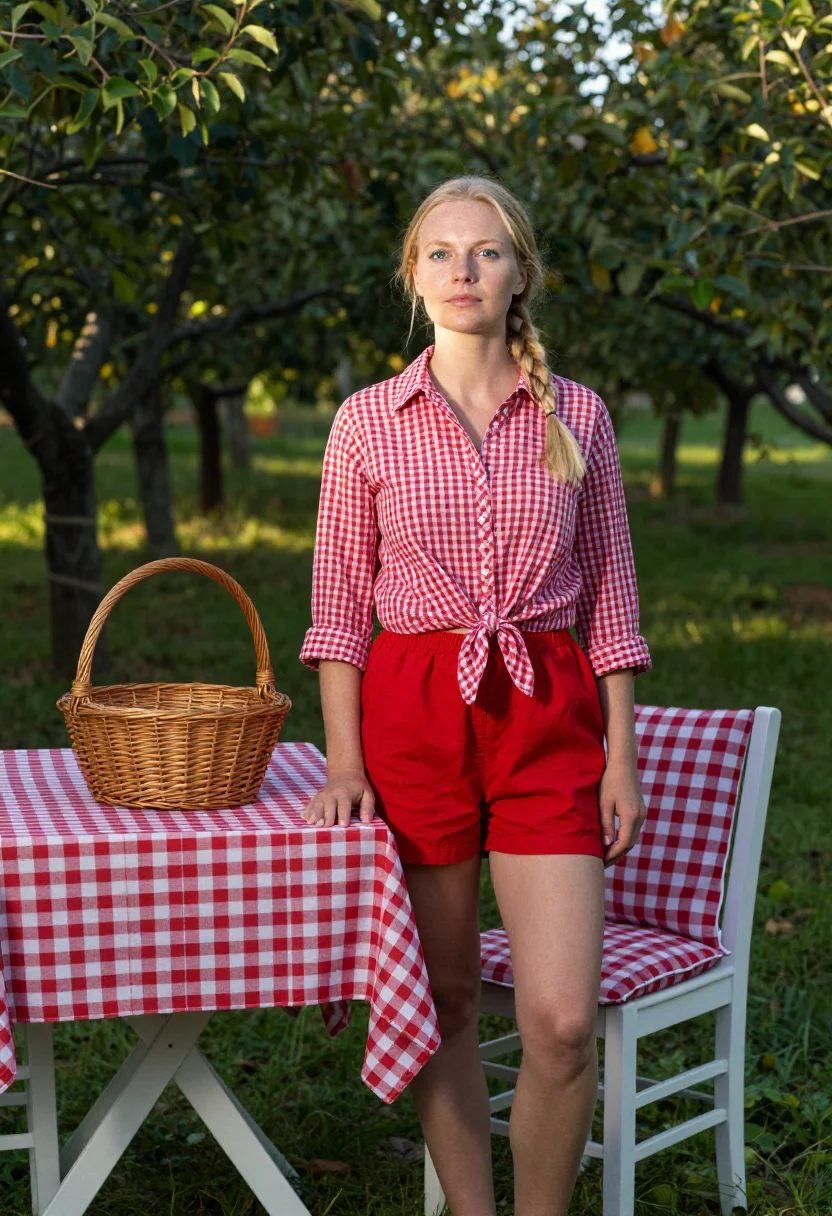 AI gingham sample — portrait of a woman, full-length portrait of a Scandinavian