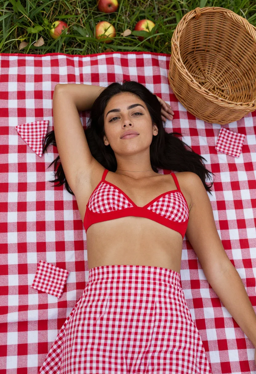 AI gingham sample — portrait of a woman, chest-up portrait of a Mediterranean wo