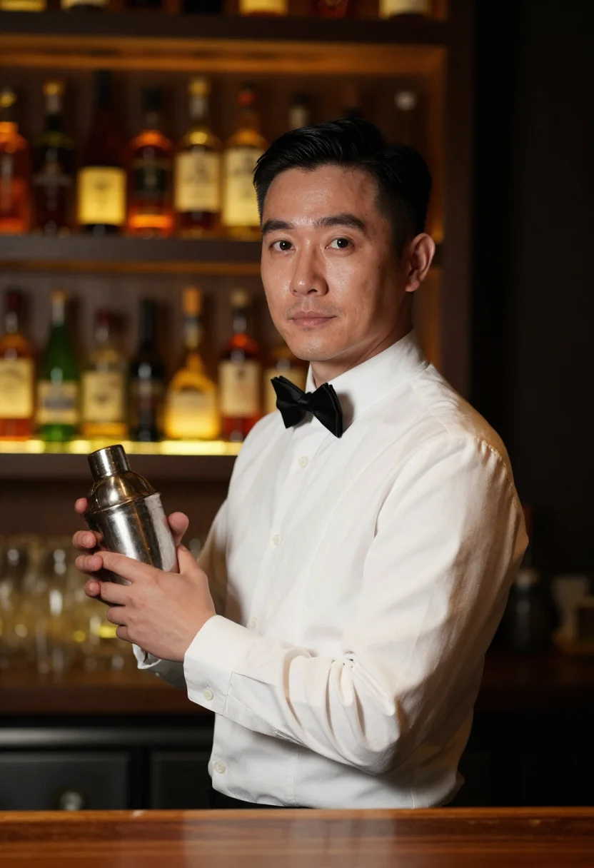 AI ginza bartender sample — portrait of a man, a chest-up portrait of an East-Asian man