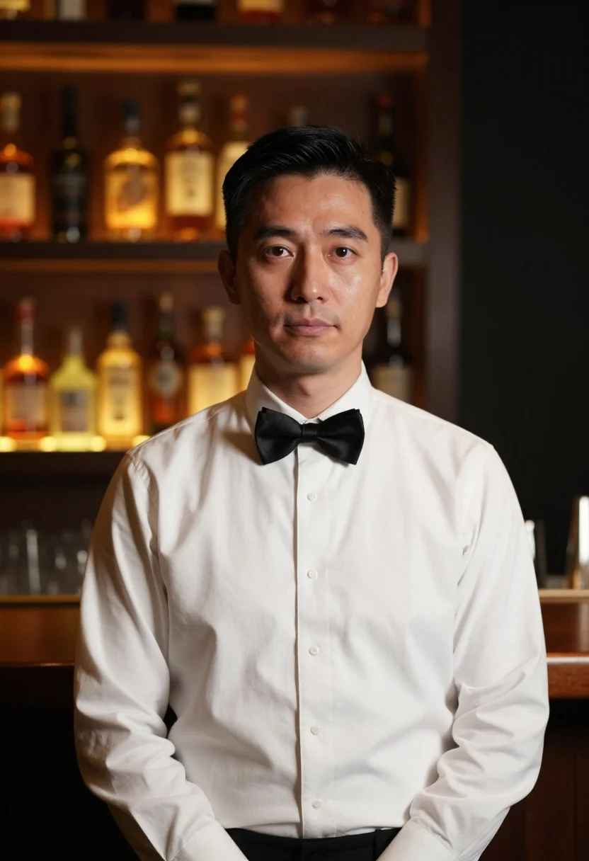 AI ginza bartender sample — portrait of a man, a chest-up portrait of an East-Asian man