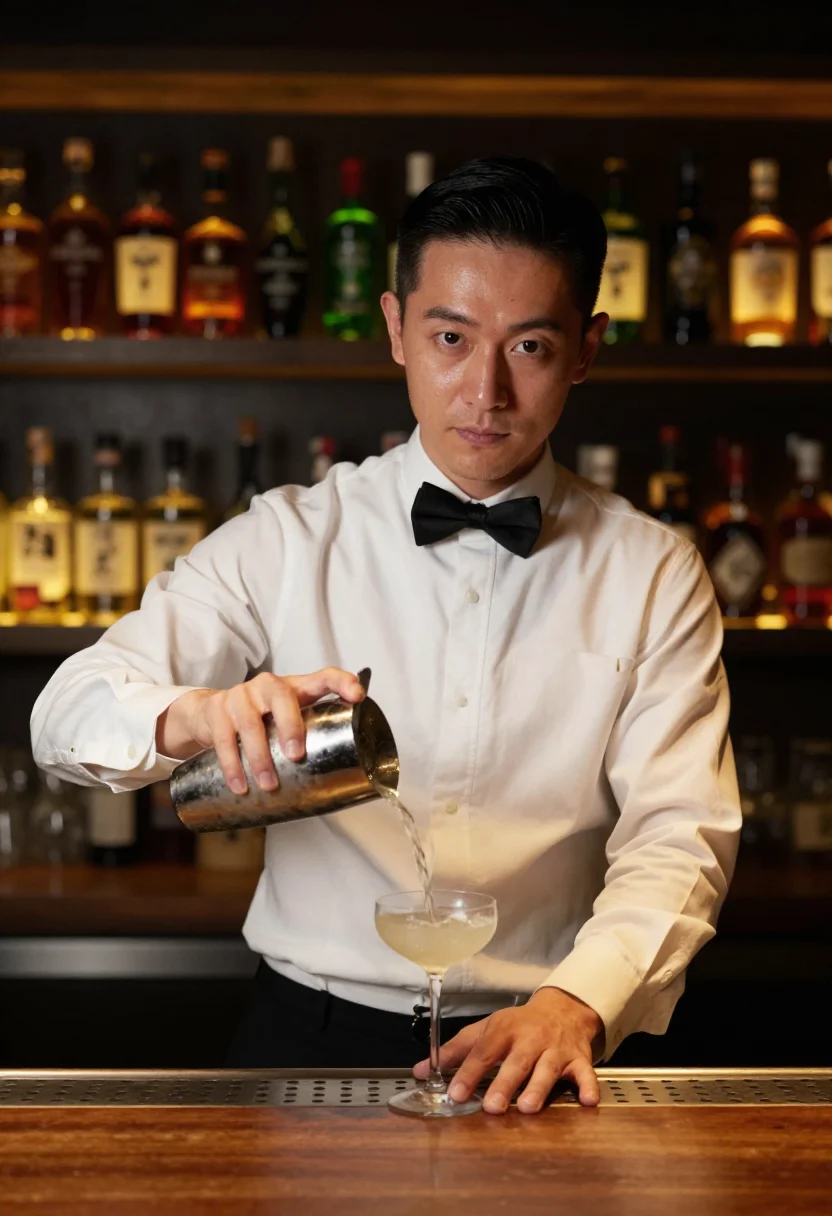 AI ginza bartender sample — portrait of a man, a three-quarter-length portrait of an Eas