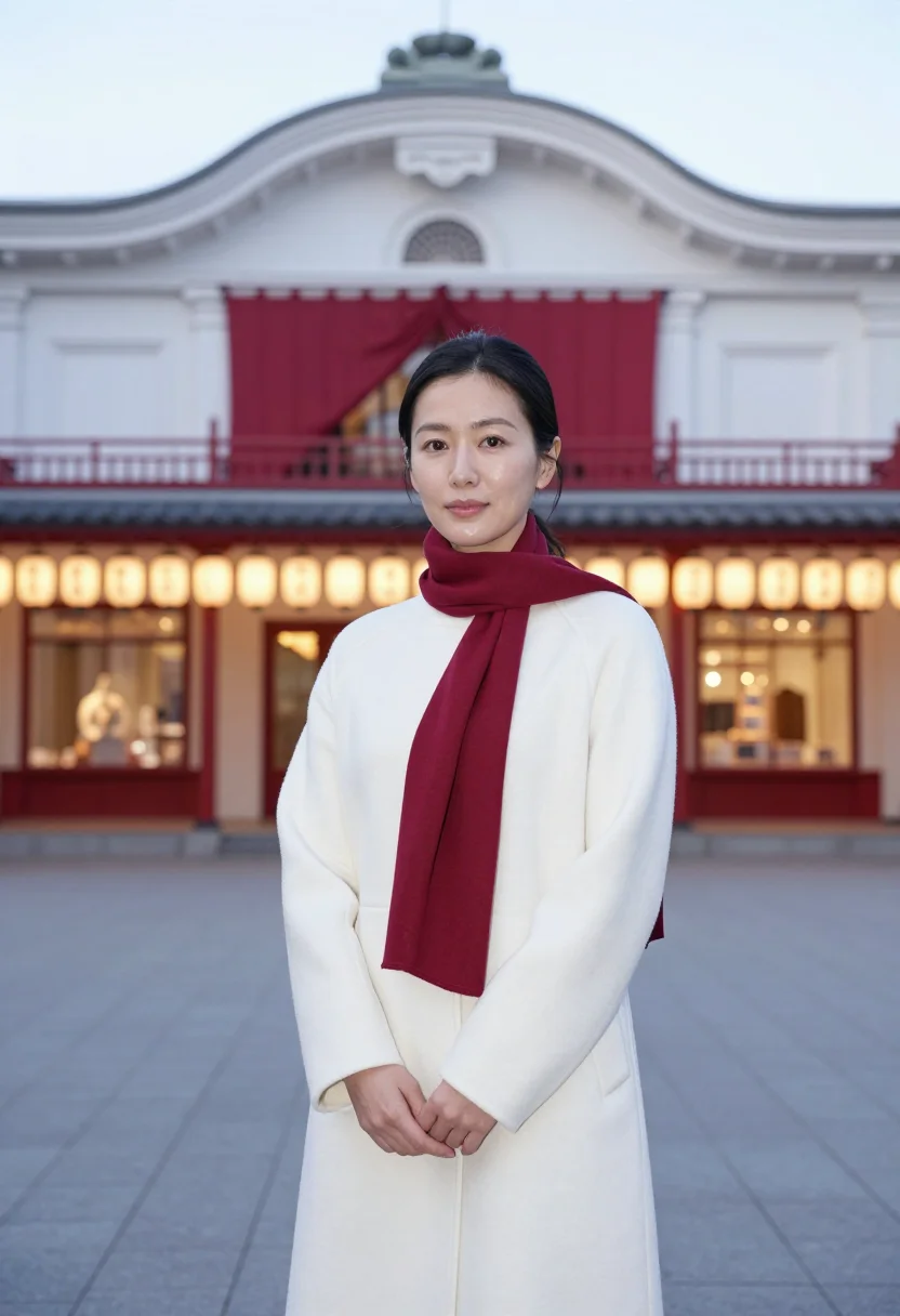 AI ginza gallery director vermilion white sample — portrait of a woman, a gallery director in her early forties