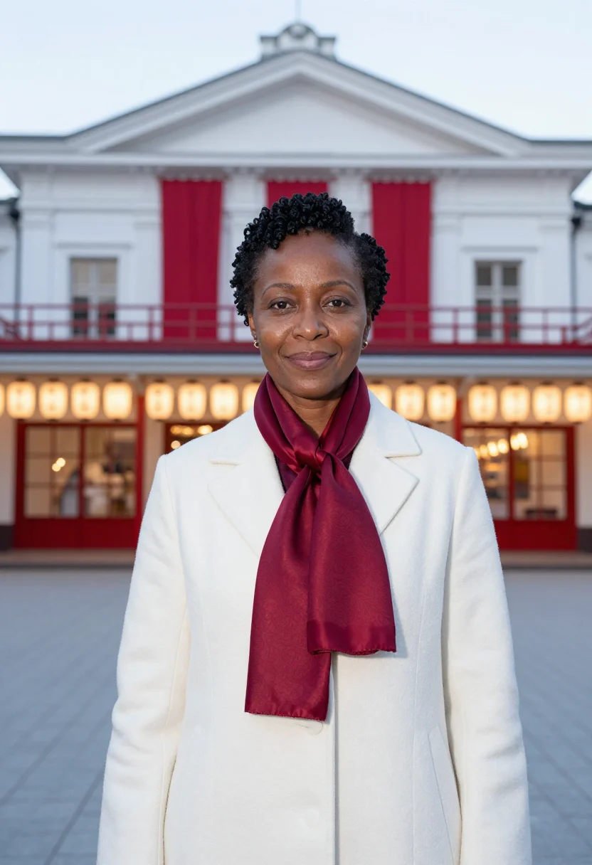 AI ginza gallery director vermilion white sample — portrait of a woman, a gallery director in her late forties