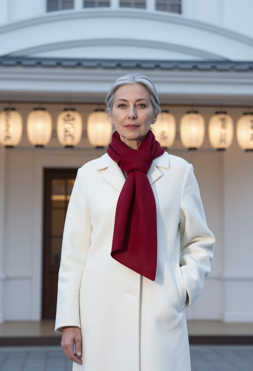 AI ginza gallery director vermilion white sample — portrait of a woman, a gallery director in her fifties of Fr