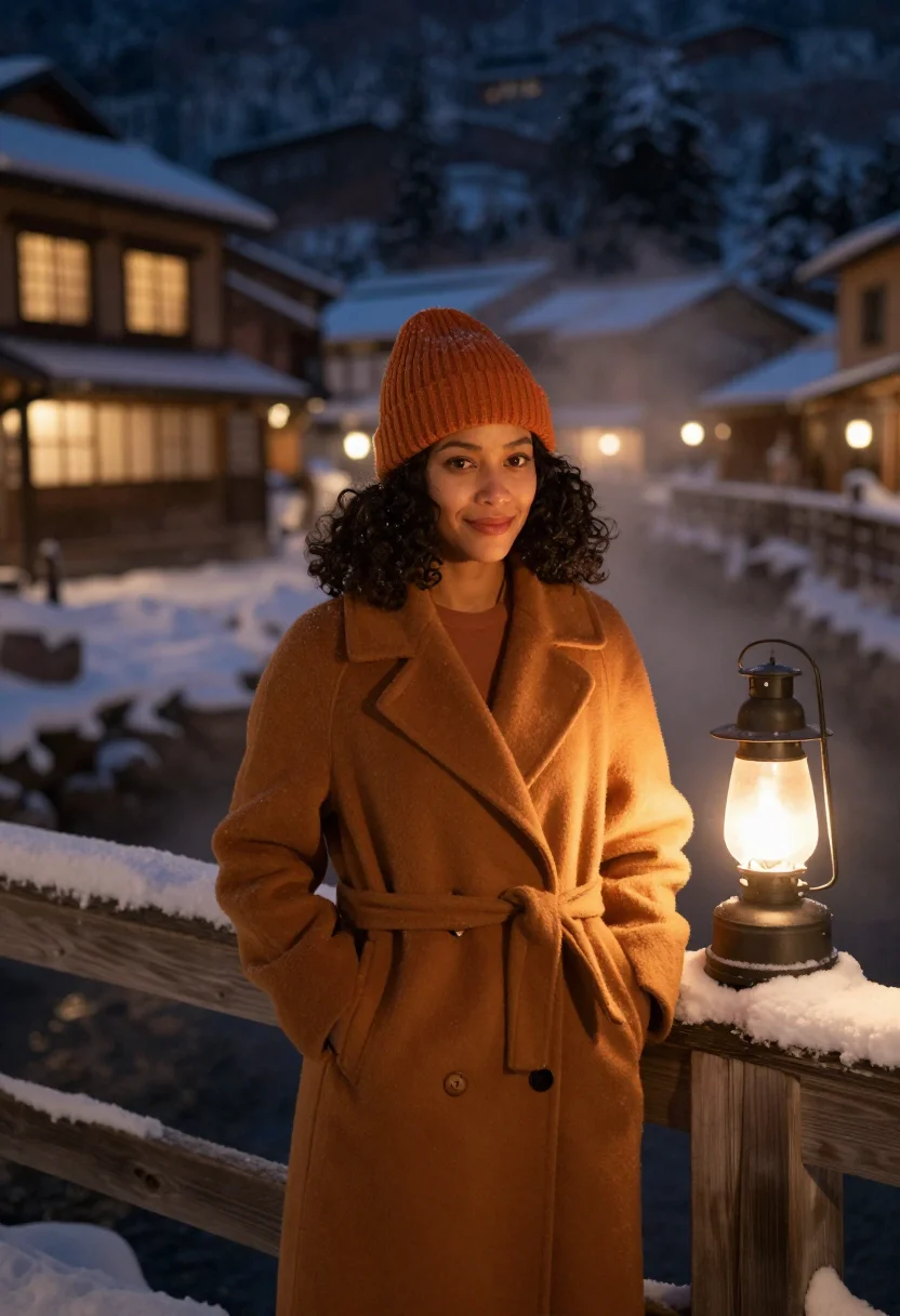 AI ginzan onsen gaslight snow amber sample — portrait of a woman, framed half-length, a woman in her twen