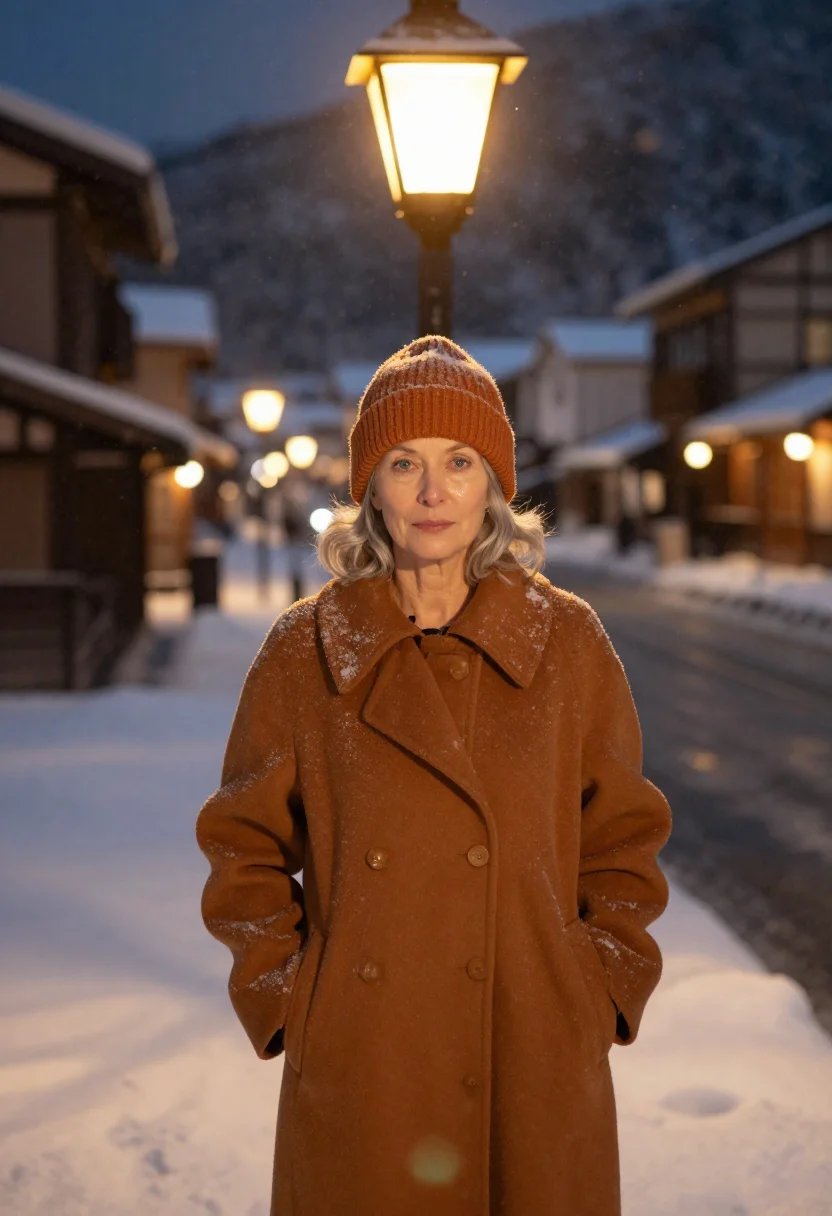 AI ginzan onsen gaslight snow amber sample — portrait of a woman, framed half-length, a woman in her sixt