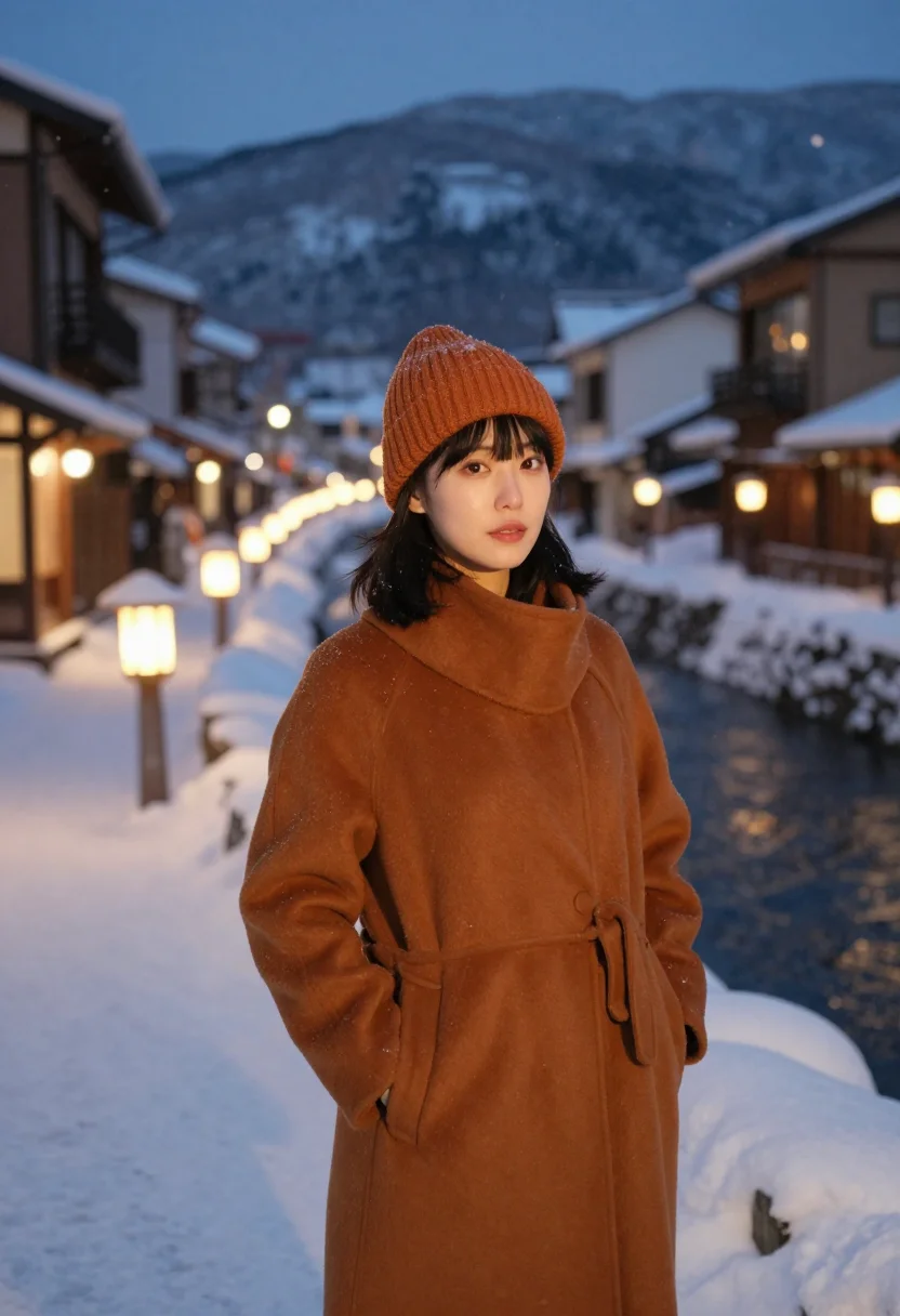 AI ginzan onsen gaslight snow amber sample — portrait of a woman, framed half-length, a Japanese woman in