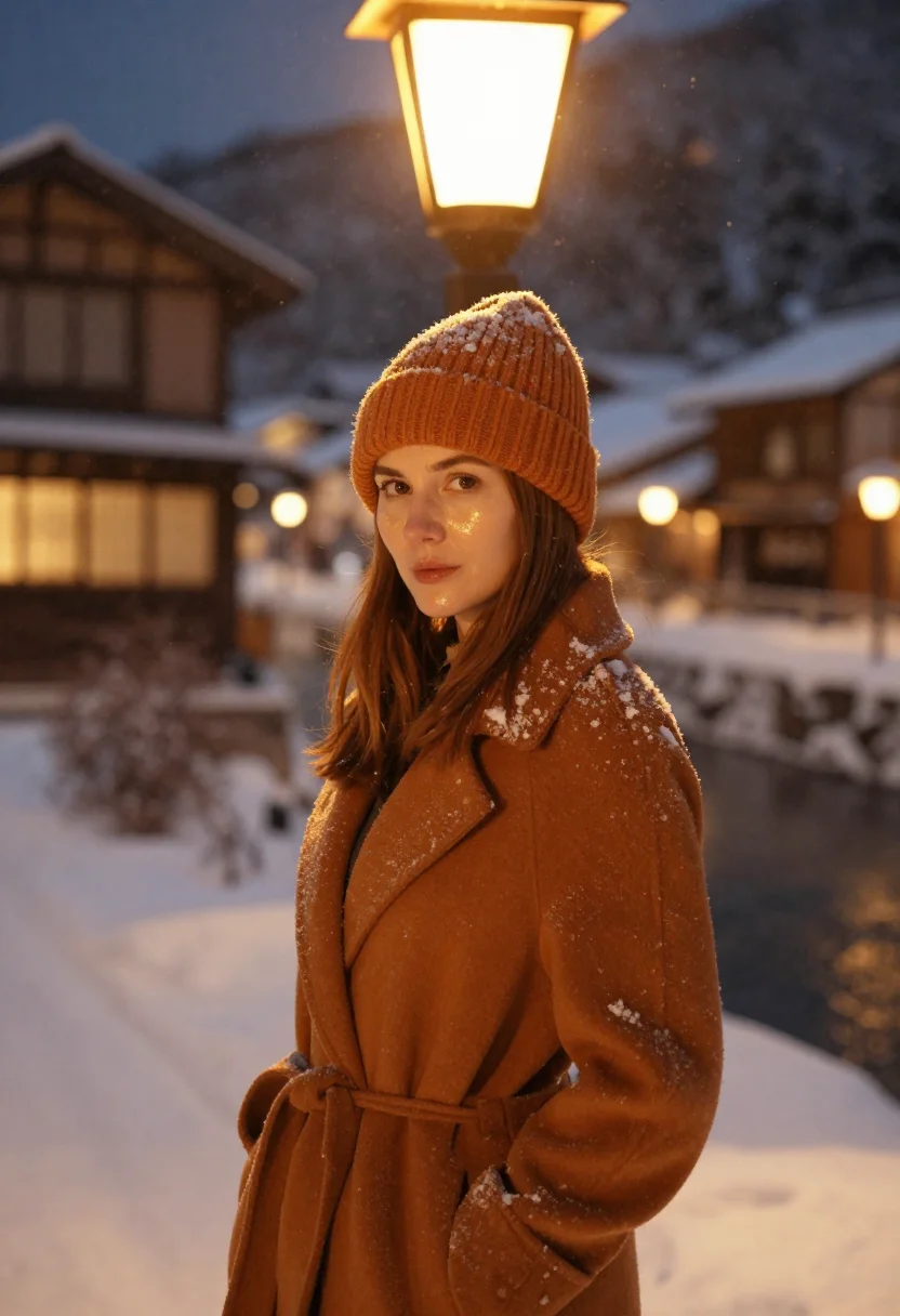 AI ginzan onsen gaslight snow amber sample — portrait of a woman, framed tight, head and shoulders, a wom