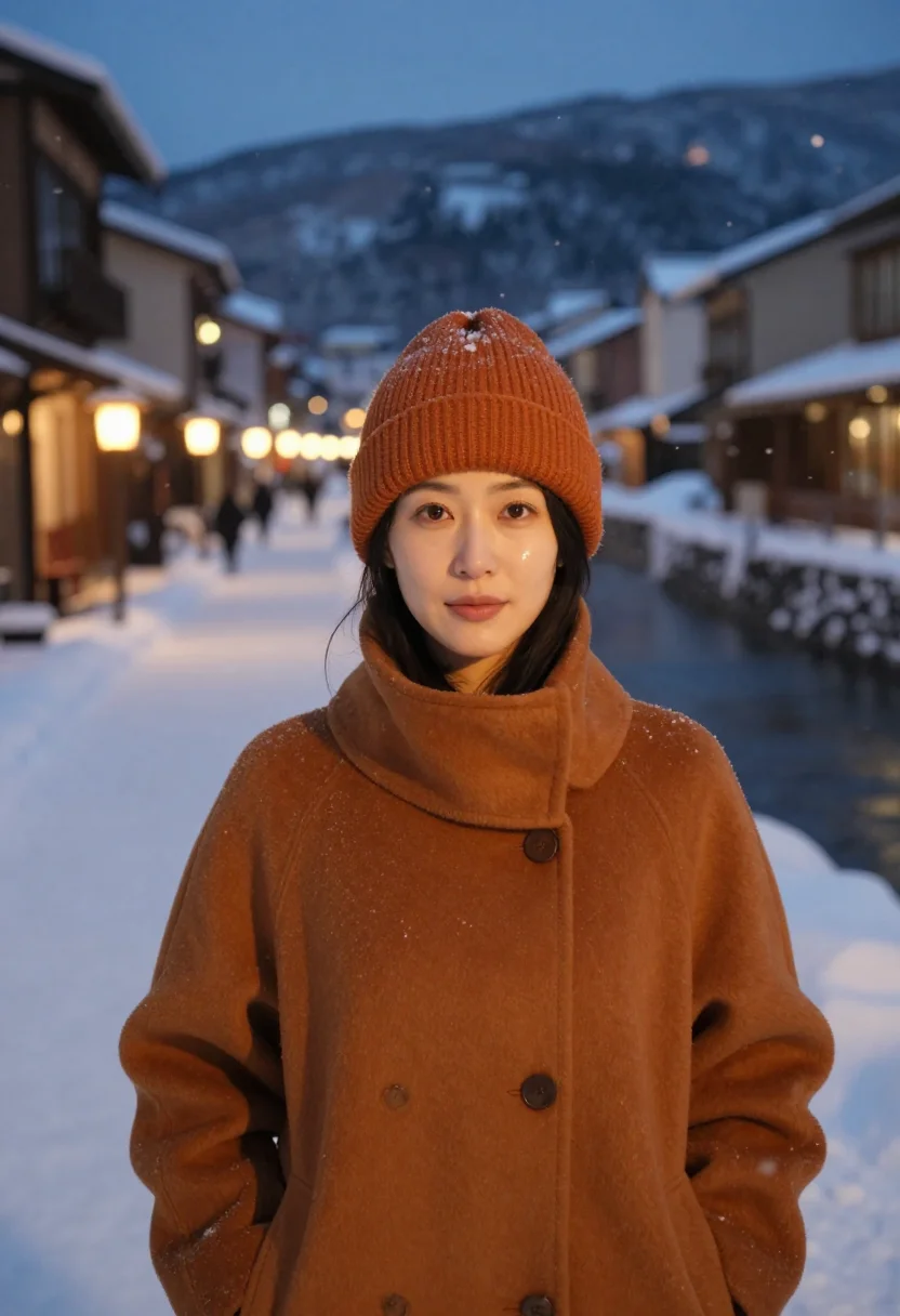 AI ginzan onsen gaslight snow amber sample — portrait of a woman, framed tight, head and shoulders, a Jap