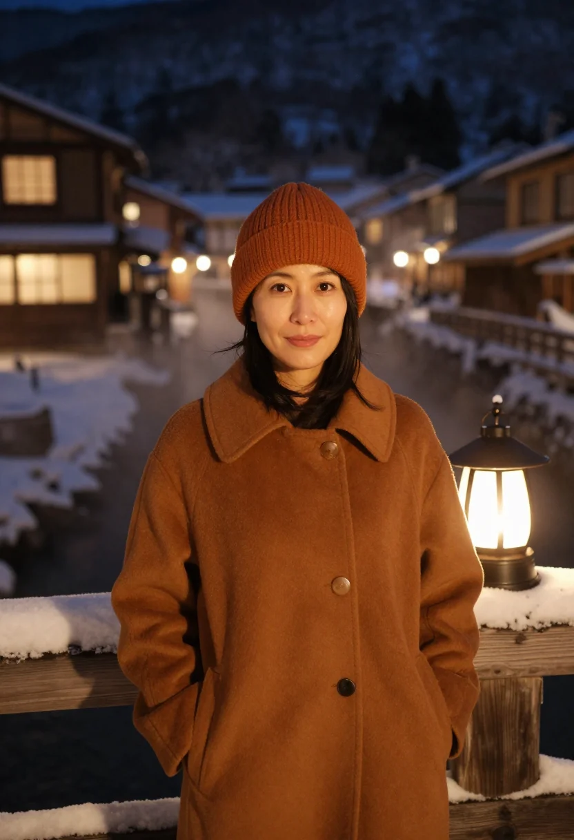 AI ginzan onsen gaslight snow amber sample — portrait of a woman, framed chest-up, a Japanese woman in he
