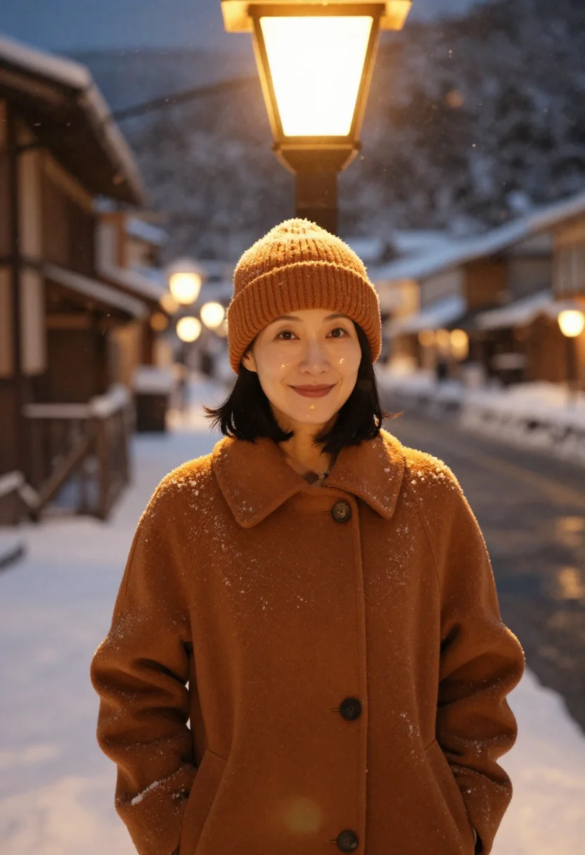 AI ginzan onsen gaslight snow amber sample — portrait of a woman, framed chest-up, a Japanese woman in he