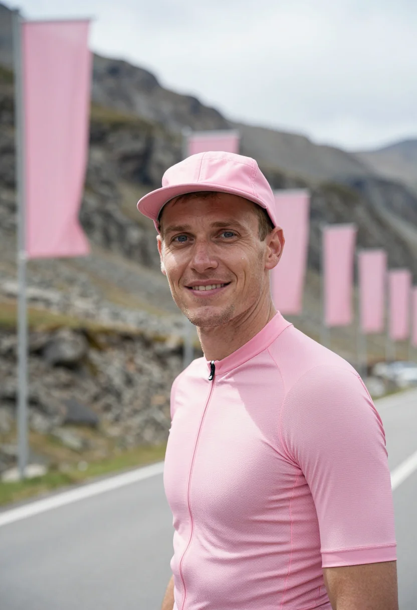 AI giro d italia roadside pink may sample — portrait of a man, framed chest-up, cropped at the ribs, the
