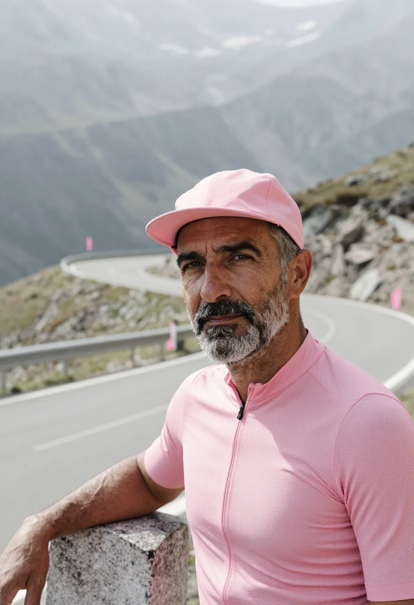 AI giro d italia roadside pink may sample — portrait of a man, framed chest-up, cropped at the ribs, the