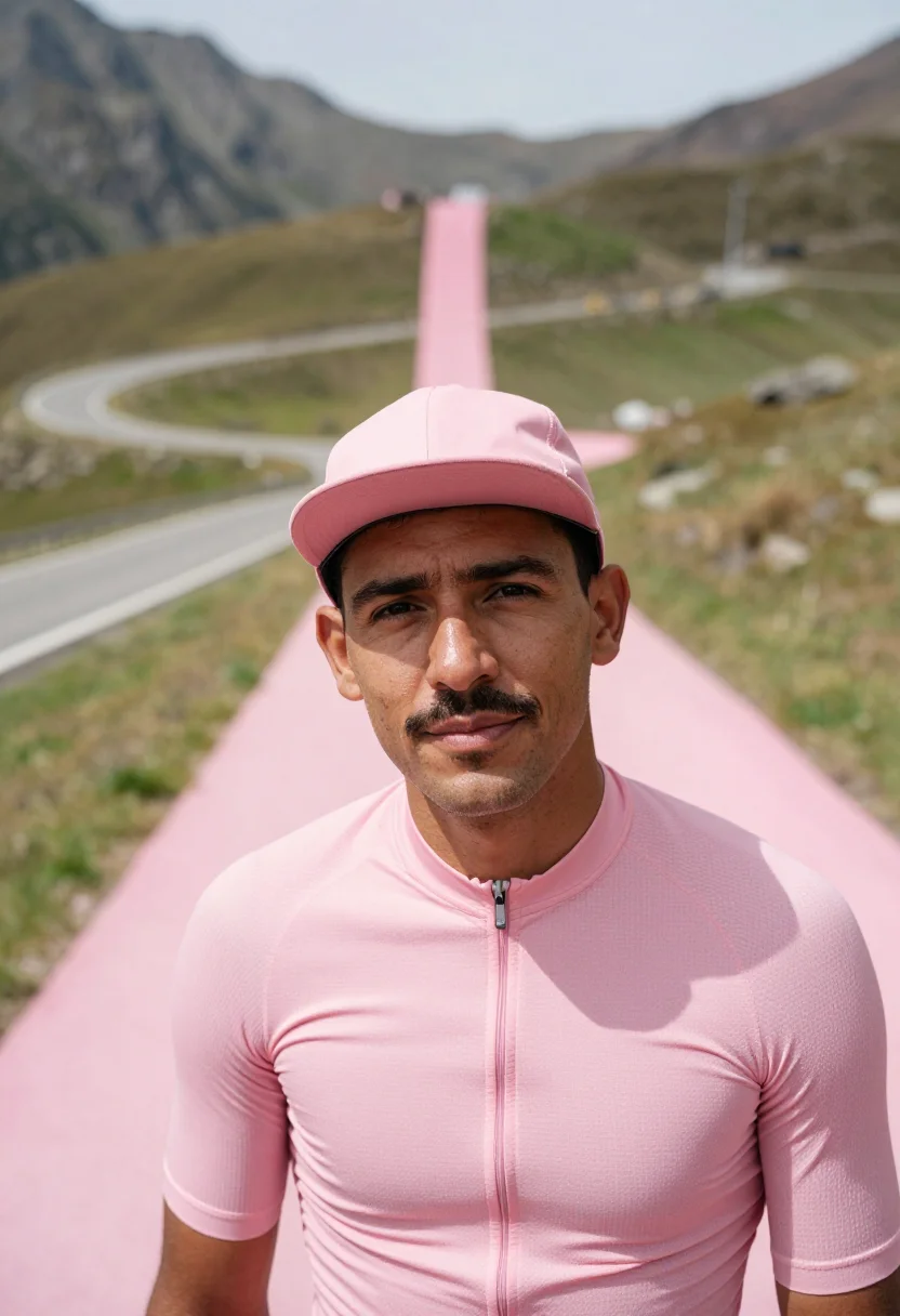 AI giro d italia roadside pink may sample — portrait of a man, framed tight, head and shoulders, the bod