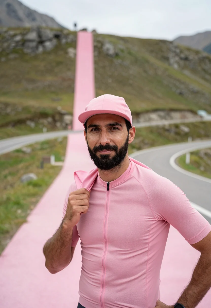 AI giro d italia roadside pink may sample — portrait of a man, framed half-length from the head to the h