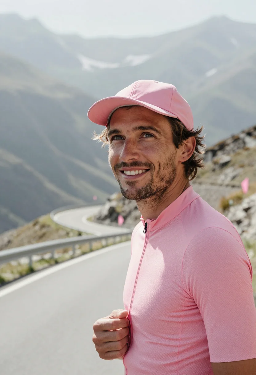 AI giro d italia roadside pink may sample — portrait of a man, framed chest-up from a slightly low vanta