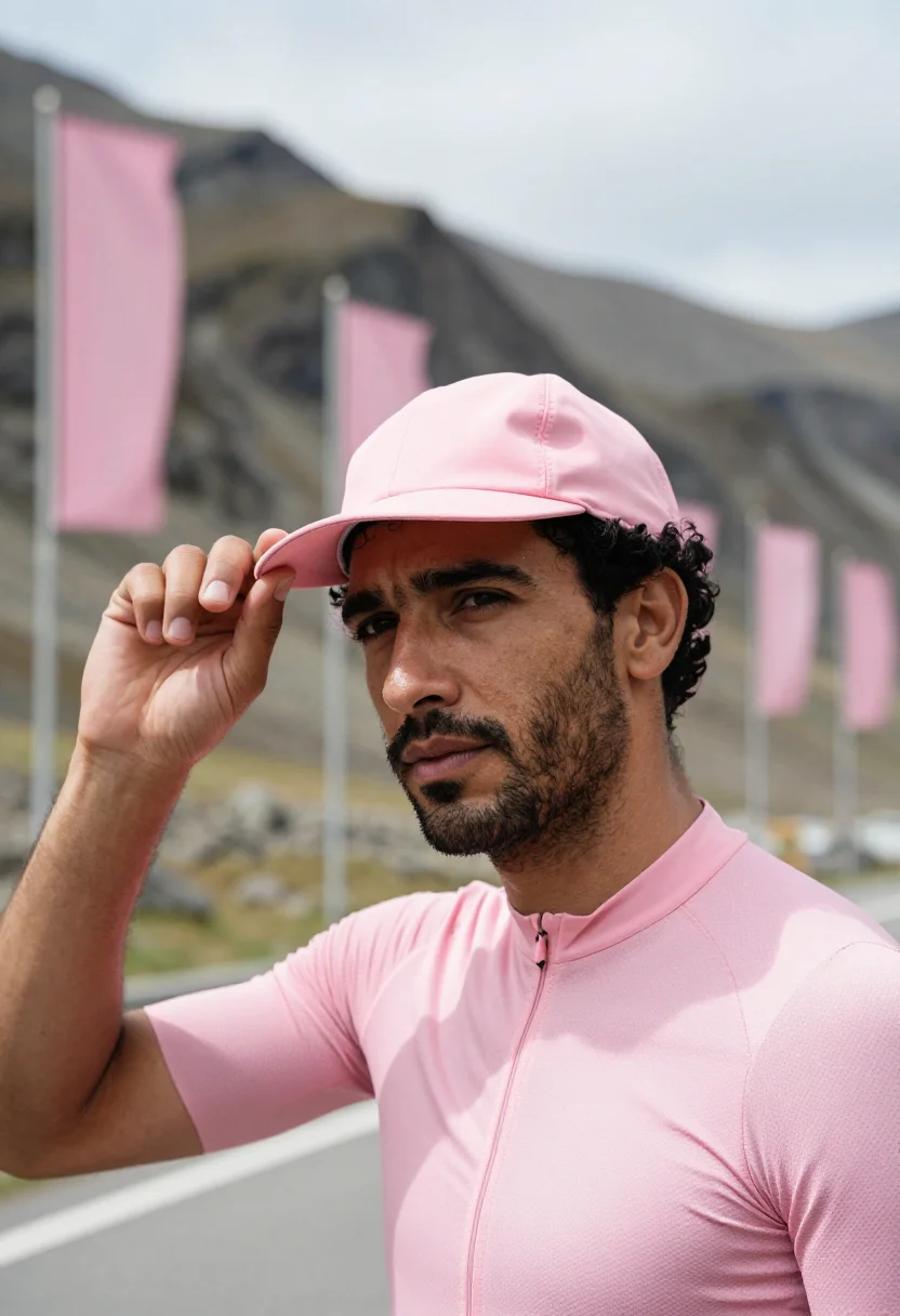 AI giro d italia roadside pink may sample — portrait of a man, framed tight, head and shoulders in a thr