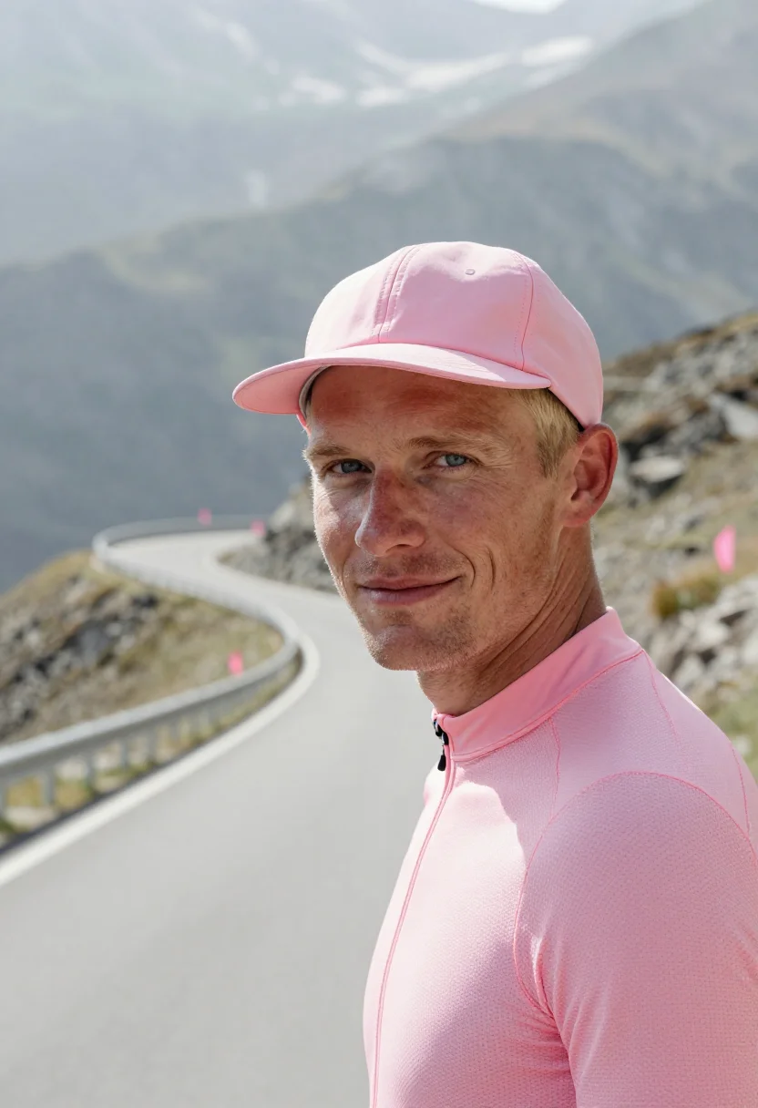 AI giro d italia roadside pink may sample — portrait of a man, framed tight, head and shoulders, the bod