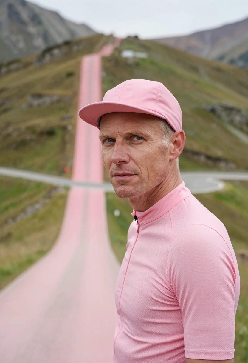 AI giro d italia roadside pink may sample — portrait of a man, framed chest-up, cropped at the ribs, the