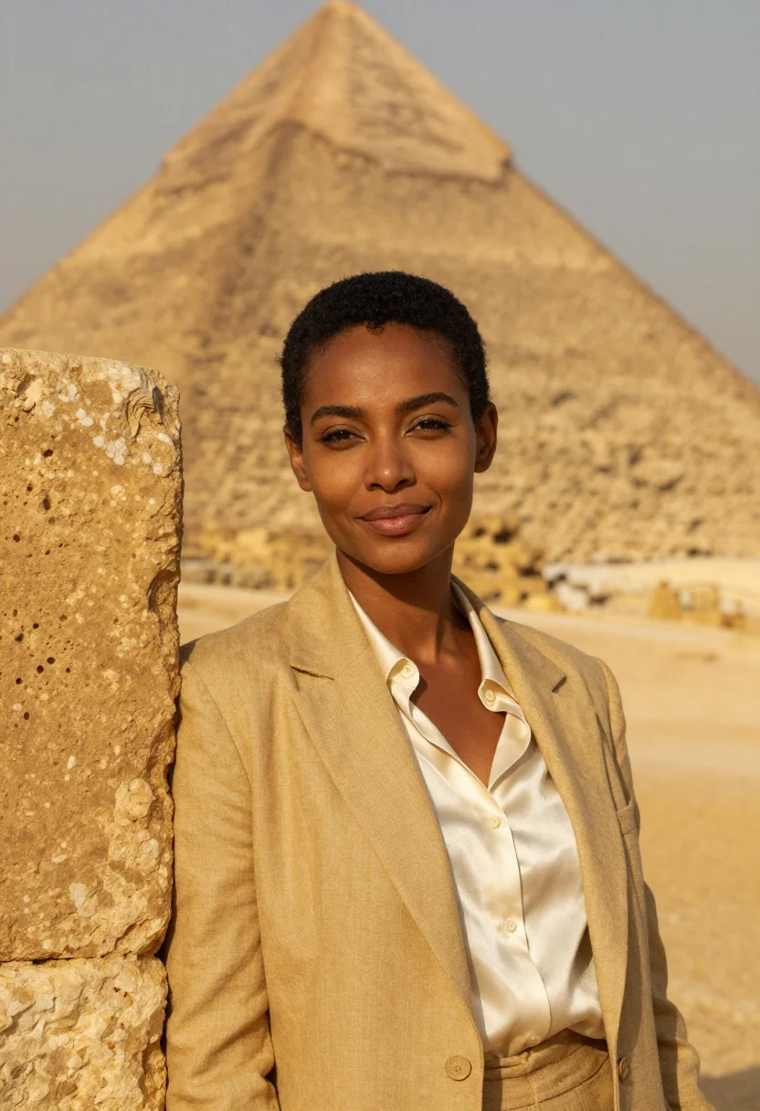 AI giza egyptologist limestone sand gold sample — portrait of a woman, a Nubian Egyptian Egyptologist in her e