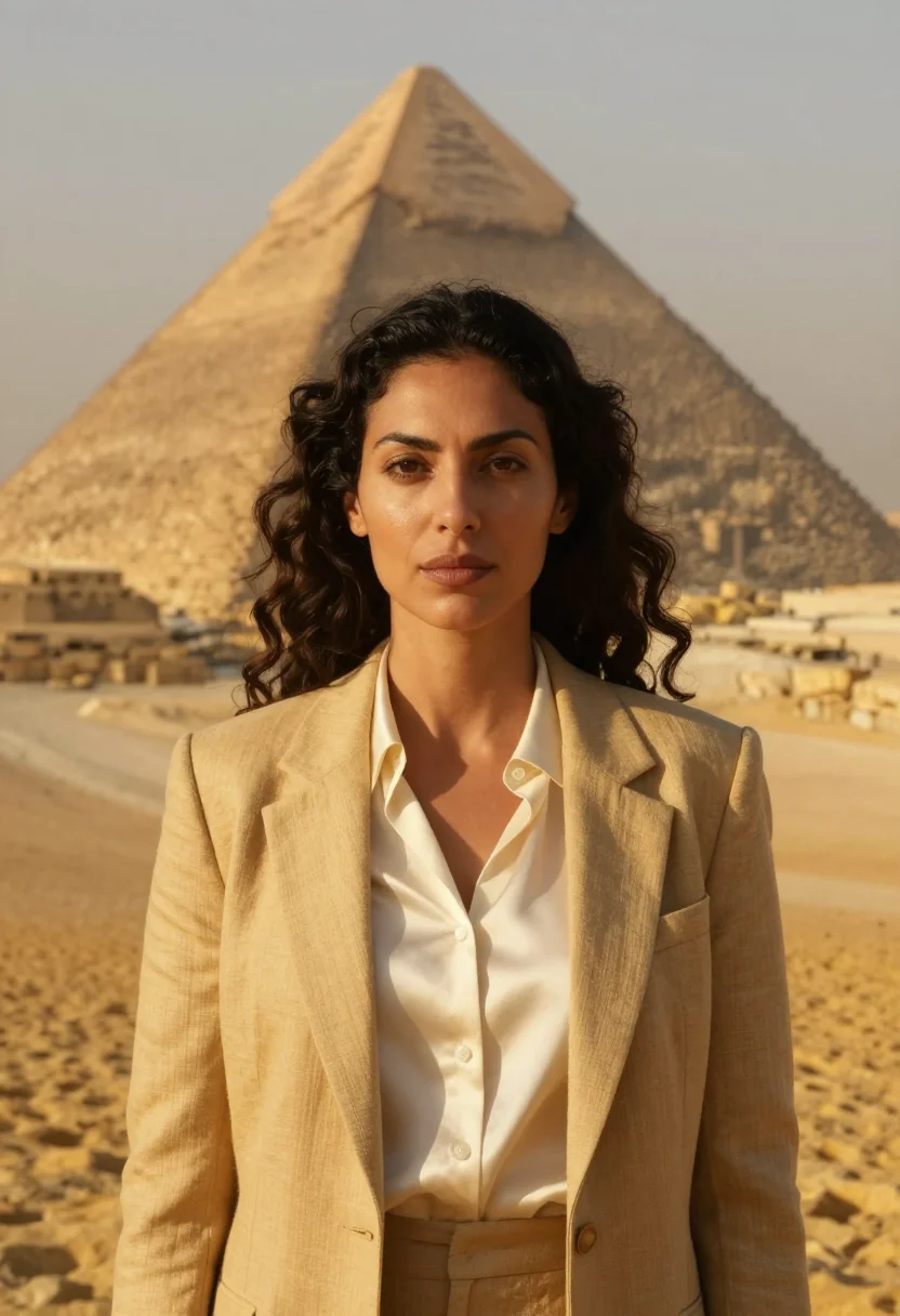 AI giza egyptologist limestone sand gold sample — portrait of a woman, an Egyptian Egyptologist in her late th