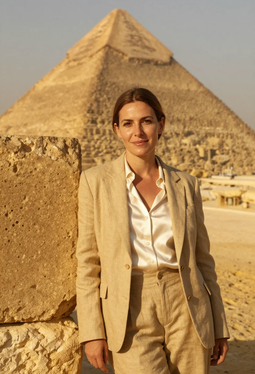 AI giza egyptologist limestone sand gold sample — portrait of a woman, a French Egyptologist in her mid-fortie