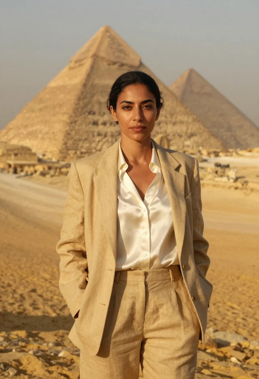 AI giza egyptologist limestone sand gold sample — portrait of a woman, an Egyptian Egyptologist in her mid-for
