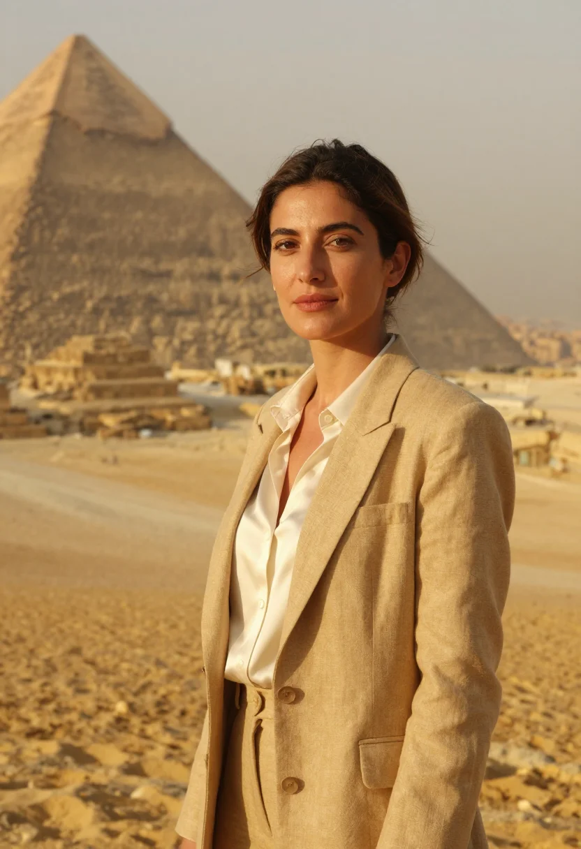 AI giza egyptologist limestone sand gold sample — portrait of a woman, an Italian Egyptologist in her early fo
