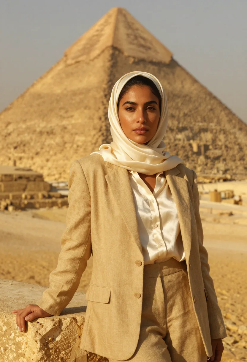 AI giza egyptologist limestone sand gold sample — portrait of a woman, an Egyptian Egyptologist in her late tw