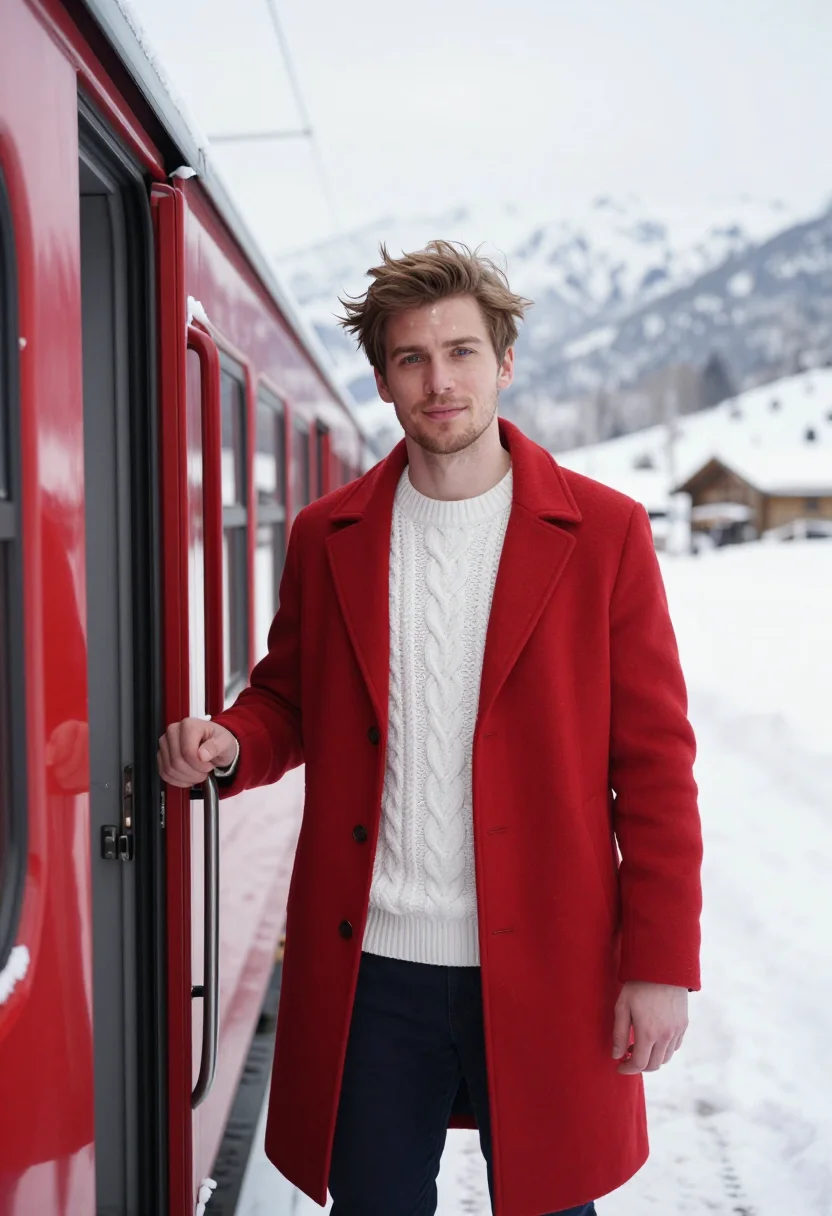 AI glacier express red carriage snow sample — portrait of a man, framed chest-up with the crop at the ribs