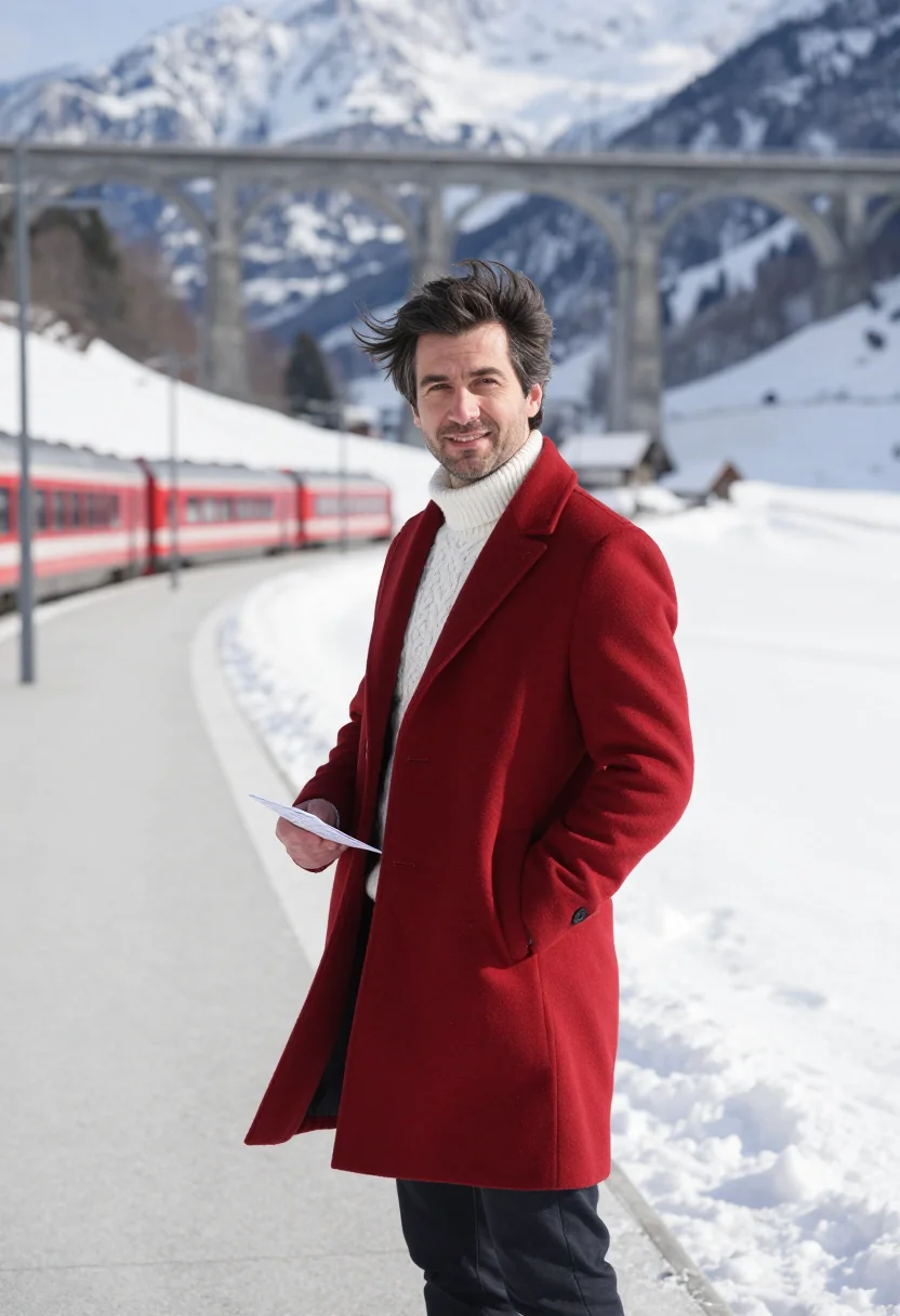 AI glacier express red carriage snow sample — portrait of a man, framed three-quarter length from the head