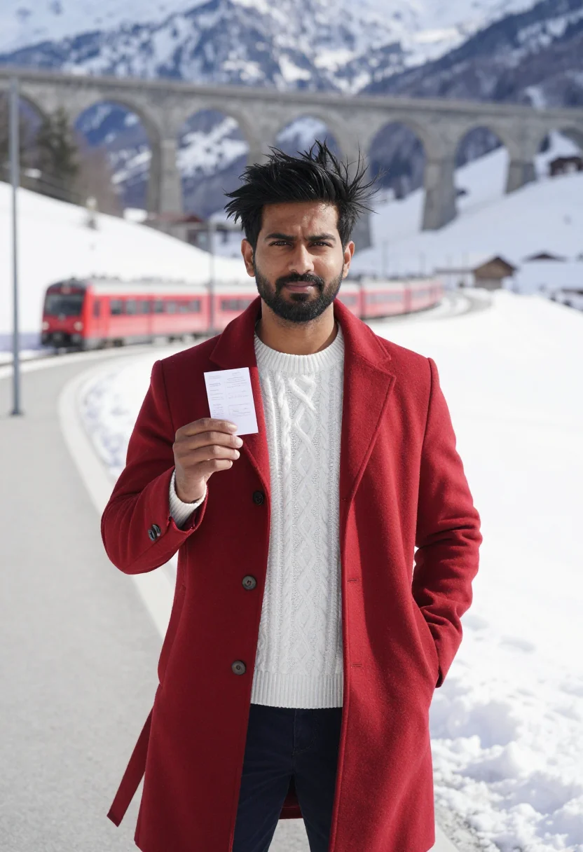 AI glacier express red carriage snow sample — portrait of a man, framed chest-up with the crop at the ribs