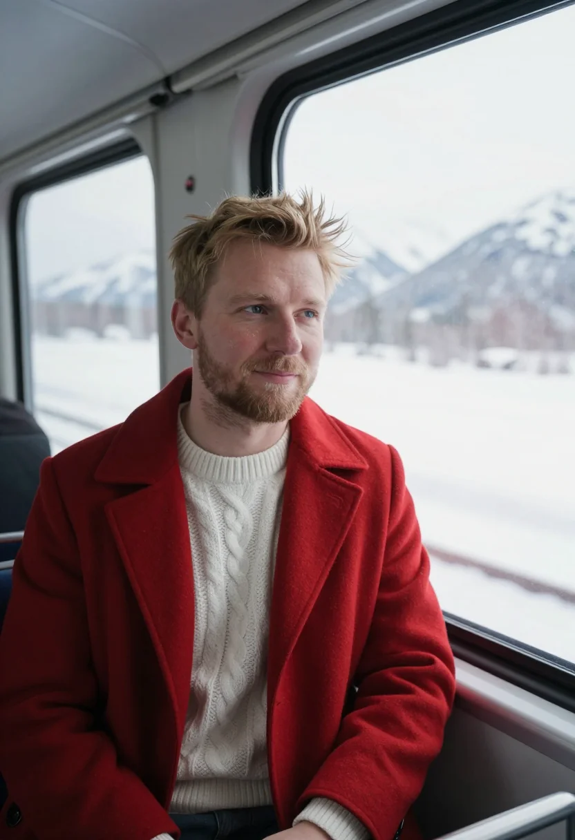 AI glacier express red carriage snow sample — portrait of a man, framed tight, head and shoulders, the bod
