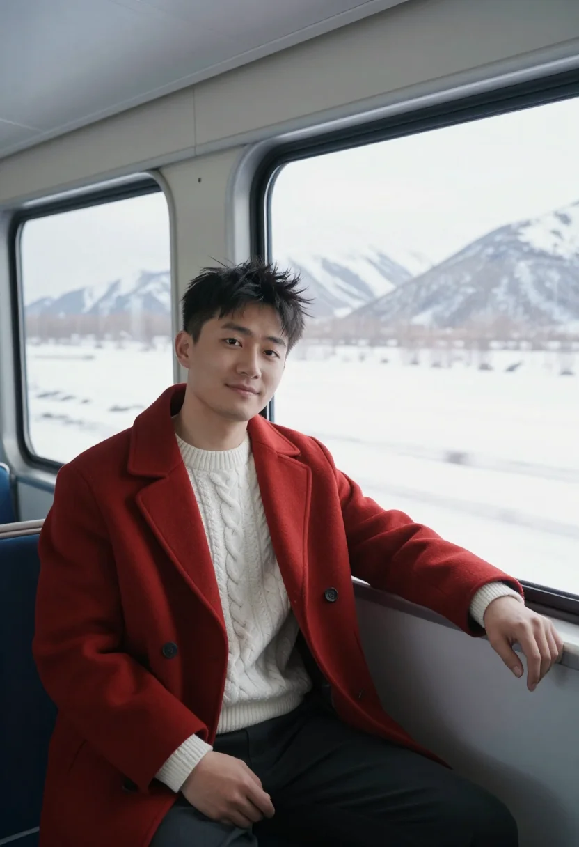 AI glacier express red carriage snow sample — portrait of a man, framed half-length from the head to the h