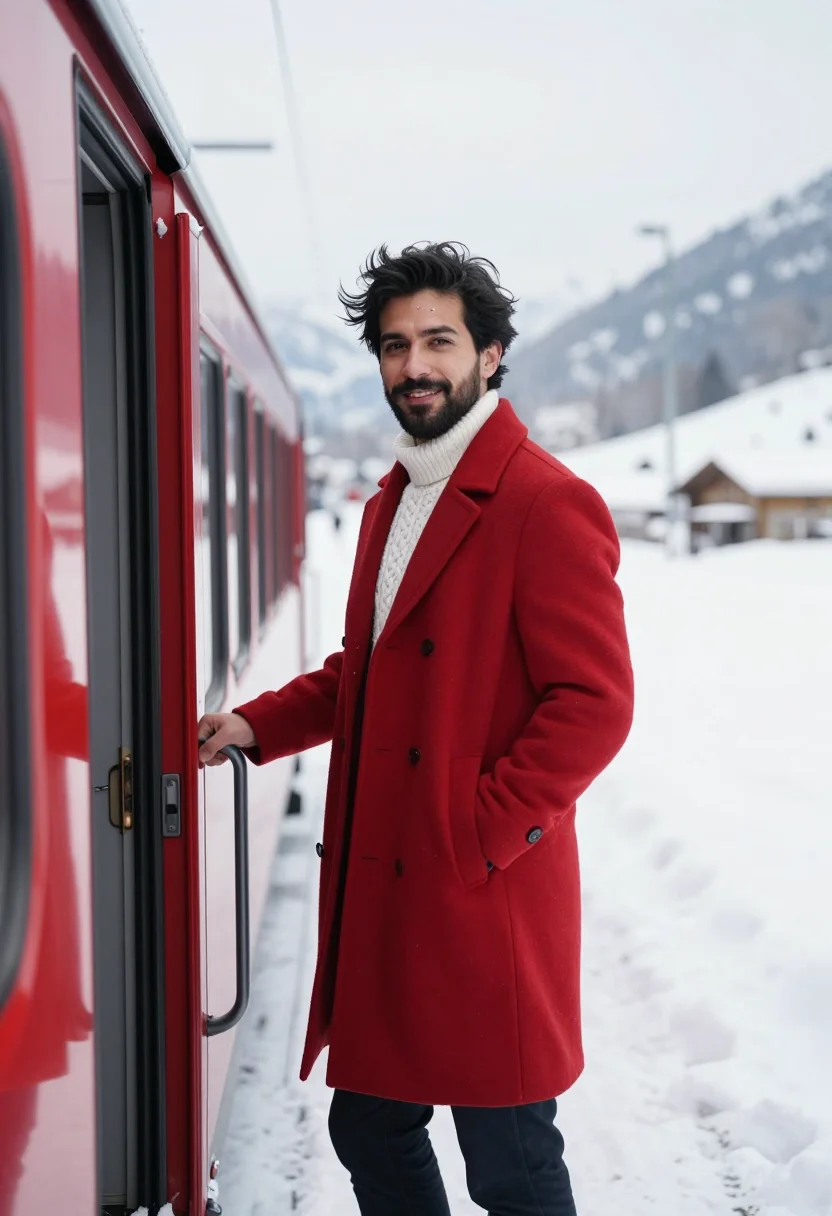 AI glacier express red carriage snow sample — portrait of a man, framed half-length from the head to the h