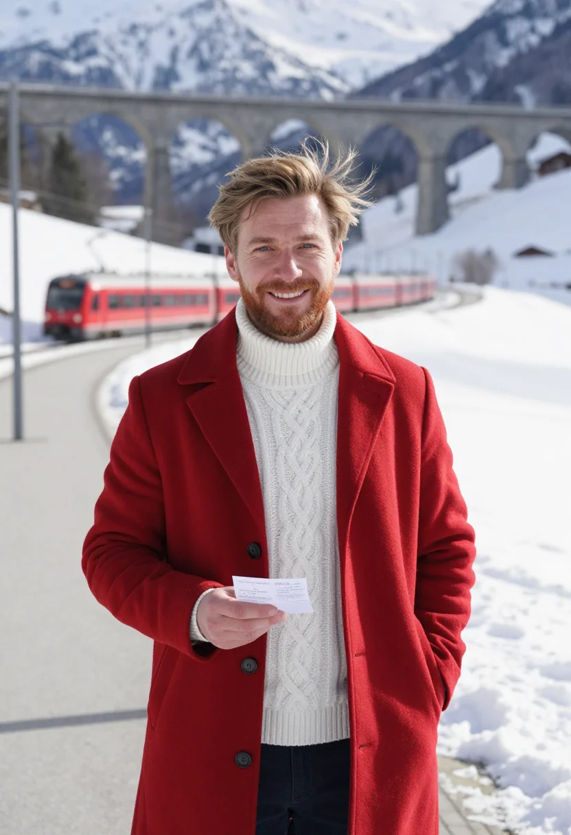 AI glacier express red carriage snow sample — portrait of a man, framed tight, head and shoulders, the bod