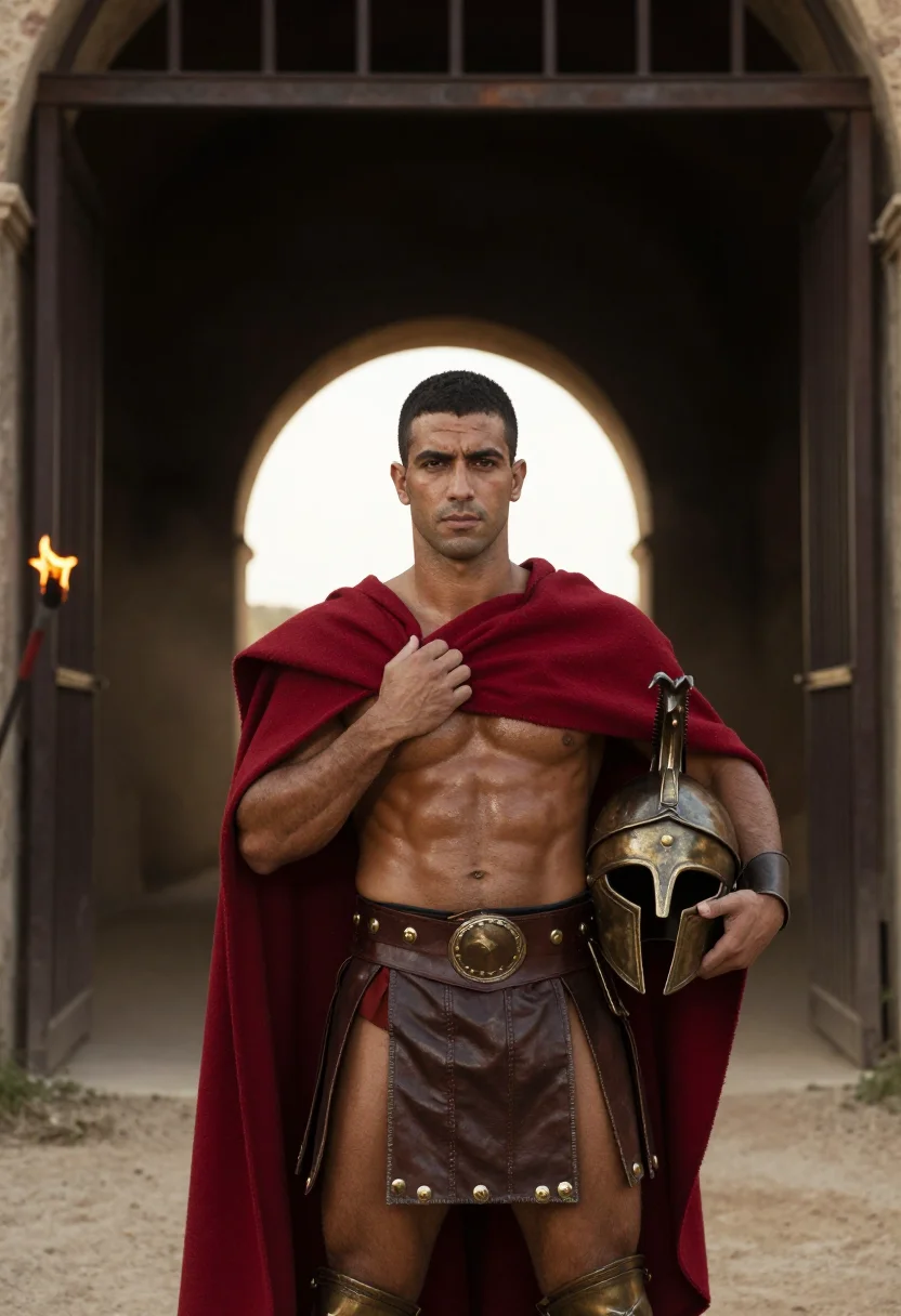 AI gladiator sample — portrait of a man, chest-up portrait of a Mediterranean man