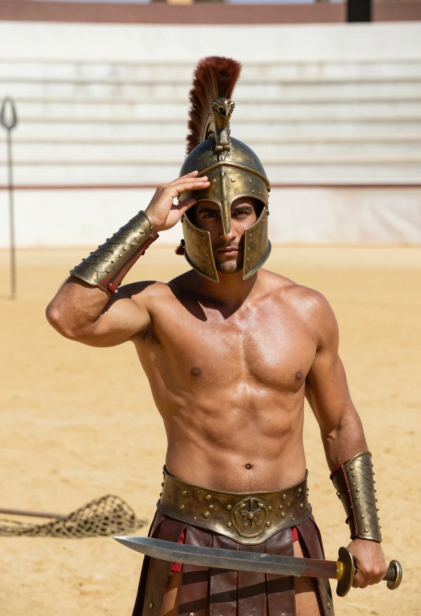 AI gladiator sample — portrait of a man, chest-up portrait of a Mediterranean man