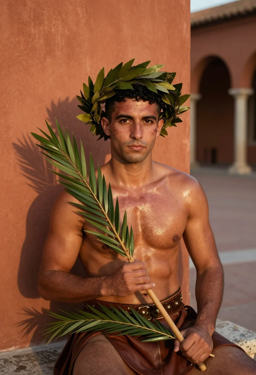 AI gladiator sample — portrait of a man, chest-up portrait of a Mediterranean man