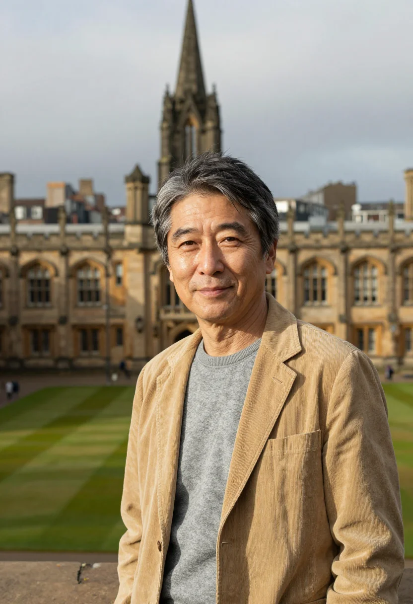 AI glasgow cloisters professor sandstone sample — portrait of a man, a professor in his fifties of Japanese an